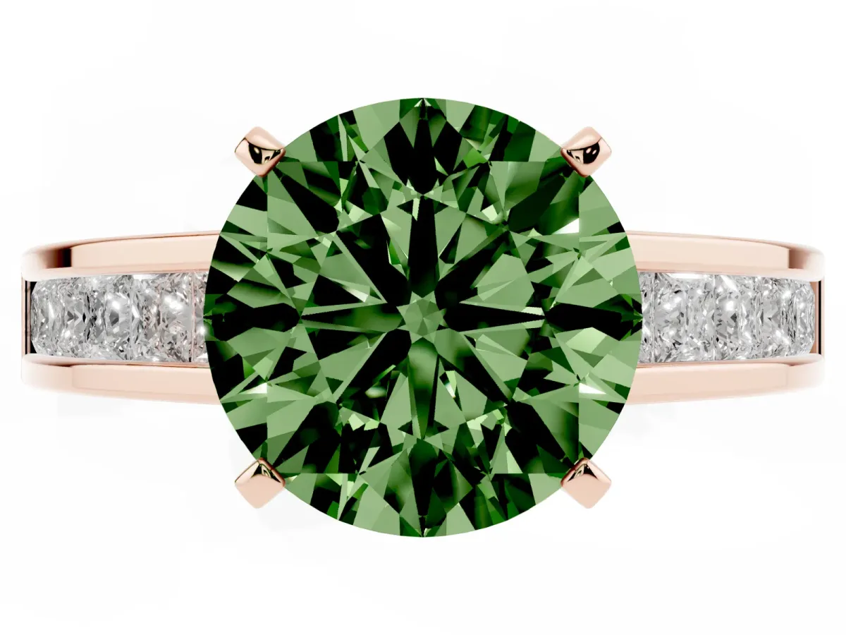 Fancy Green Round Cut Solitaire Diamond Ring with Channel-Set Band and Four-Prong Setting Rose gold