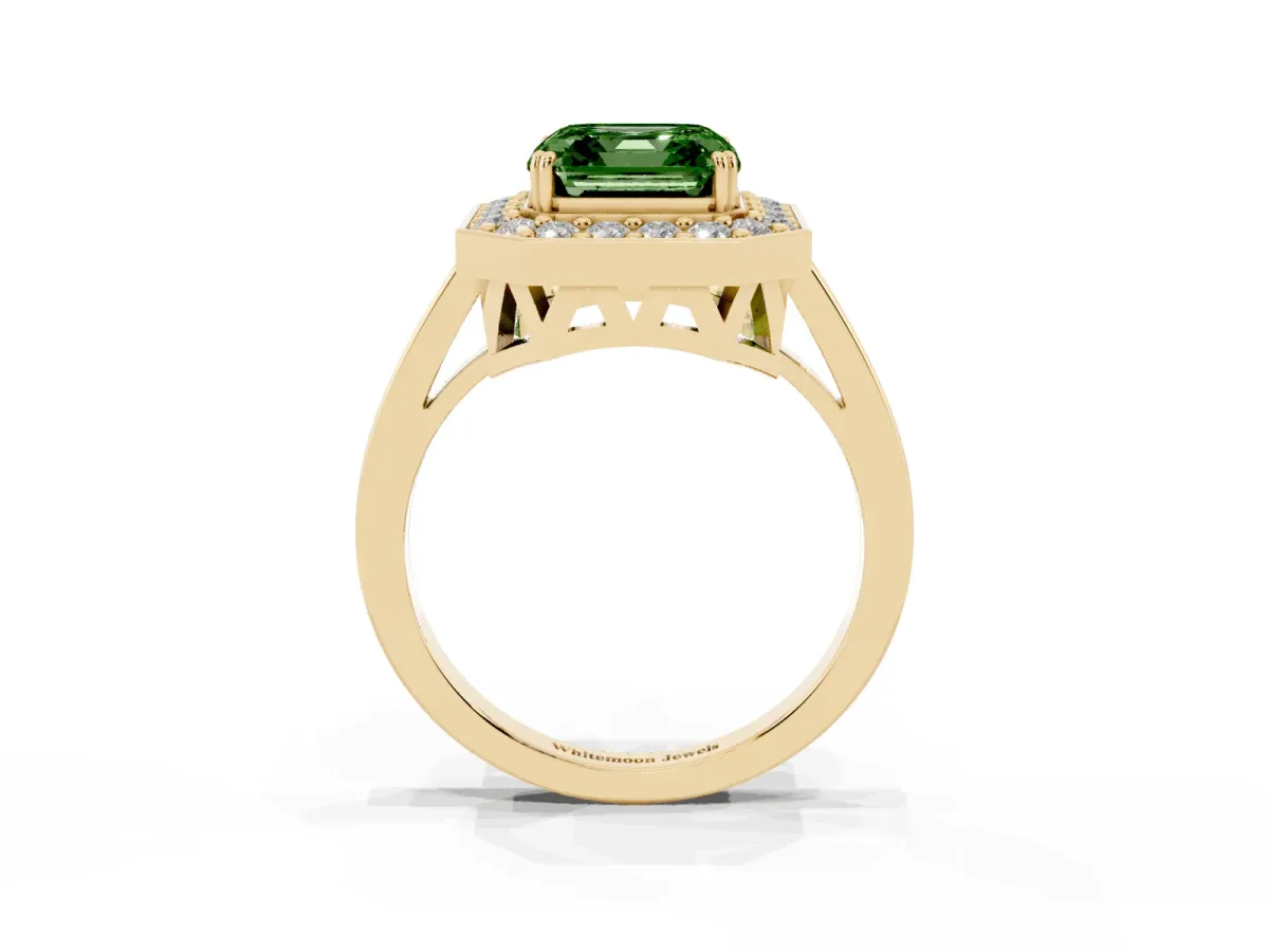 Fancy Green Asscher Cut Diamond Halo Ring with Split Shank and Four-Prong Setting Yellow gold