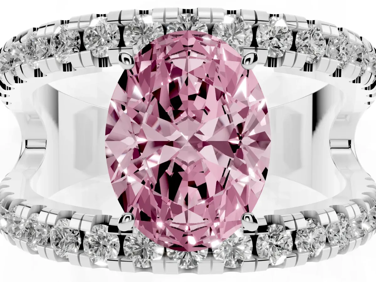 Fancy Pink Oval Cut Solitaire Split Shank Pave Diamond Ring White gold