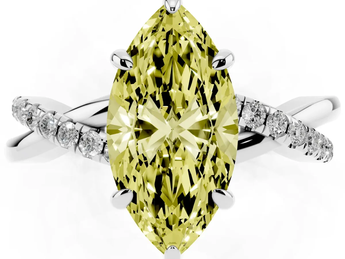 Fancy Yellow Marquise Cut Cut Diamond Twist Band Solitaire with Prong Setting Silver