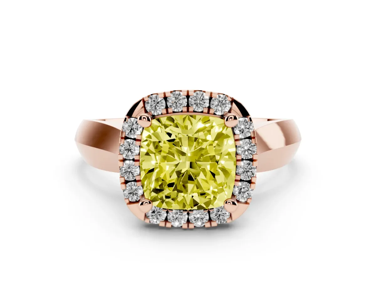 Fancy Yellow Cushion Cut Cut Halo Solitaire Engagement Ring with Square Band and Four-Prong Setting Rose gold