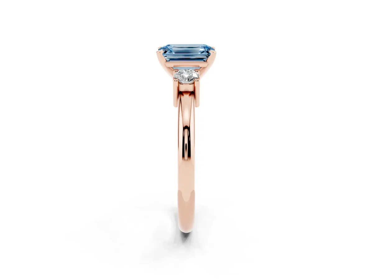 Fancy Blue Three-Stone Emerald Cut Cut Diamond Solitaire with Prong Setting and Classic Band Rose gold