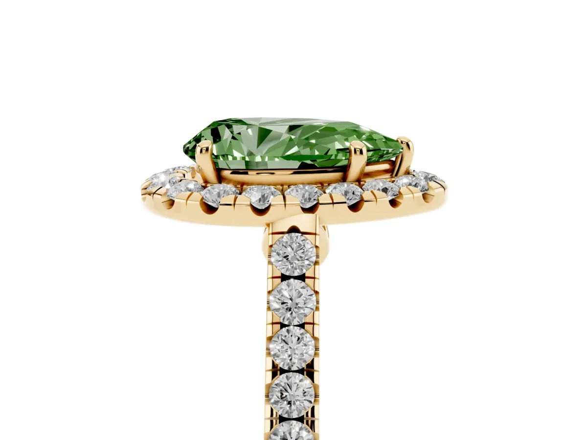 Fancy Green Pear Cut Halo Pave Diamond Engagement Ring with Four-Prong Setting Yellow gold