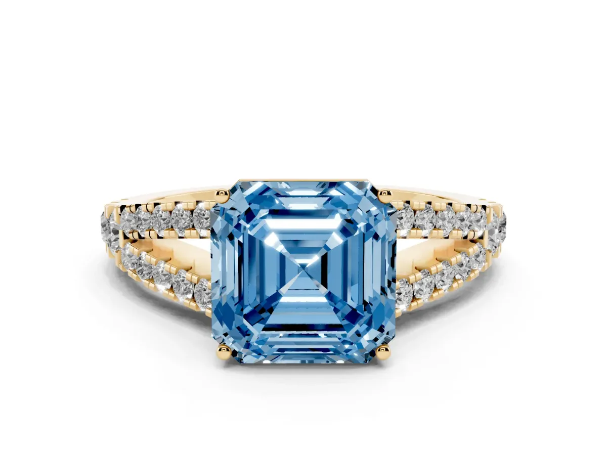 Fancy Blue Asscher Cut Diamond Split Shank Engagement Ring with Round Pavé and Prong Setting Yellow gold