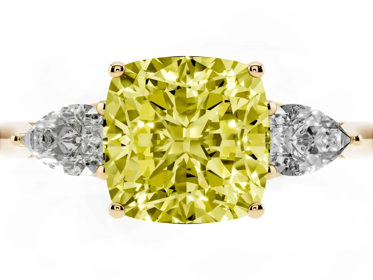 Fancy Yellow Three-Stone Cushion Cut Diamond Ring with Pear Side Stones in Four-Prong Setting Yellow gold