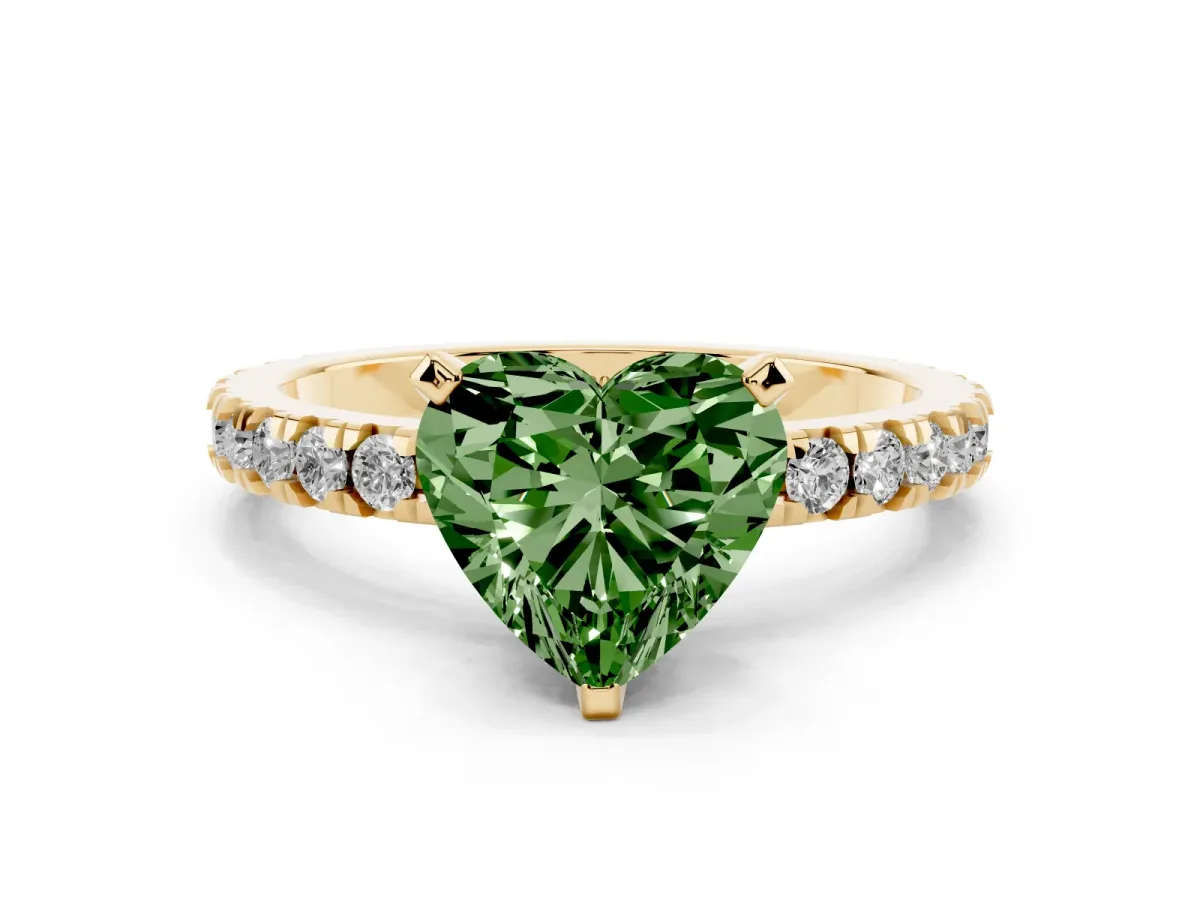 Fancy Green Heart Cut Diamond Pavé Band Solitaire with Four-Prong Setting Yellow gold