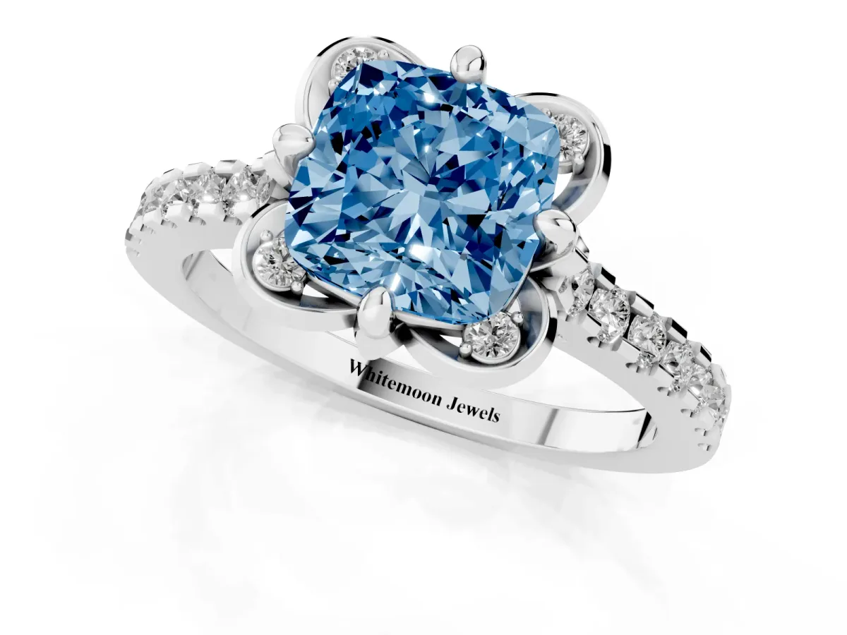 Fancy Blue Cushion Cut Diamond Ring with Pavé Band and Floral Prong Setting Silver