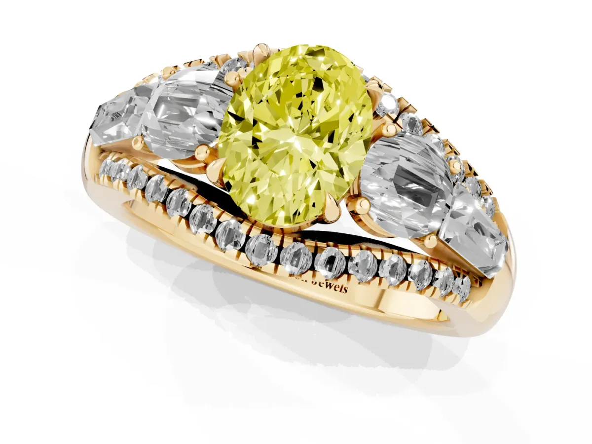 Fancy Yellow Three-Stone Oval Cut Diamond Engagement Ring with Pave Band and Prong Setting Yellow gold