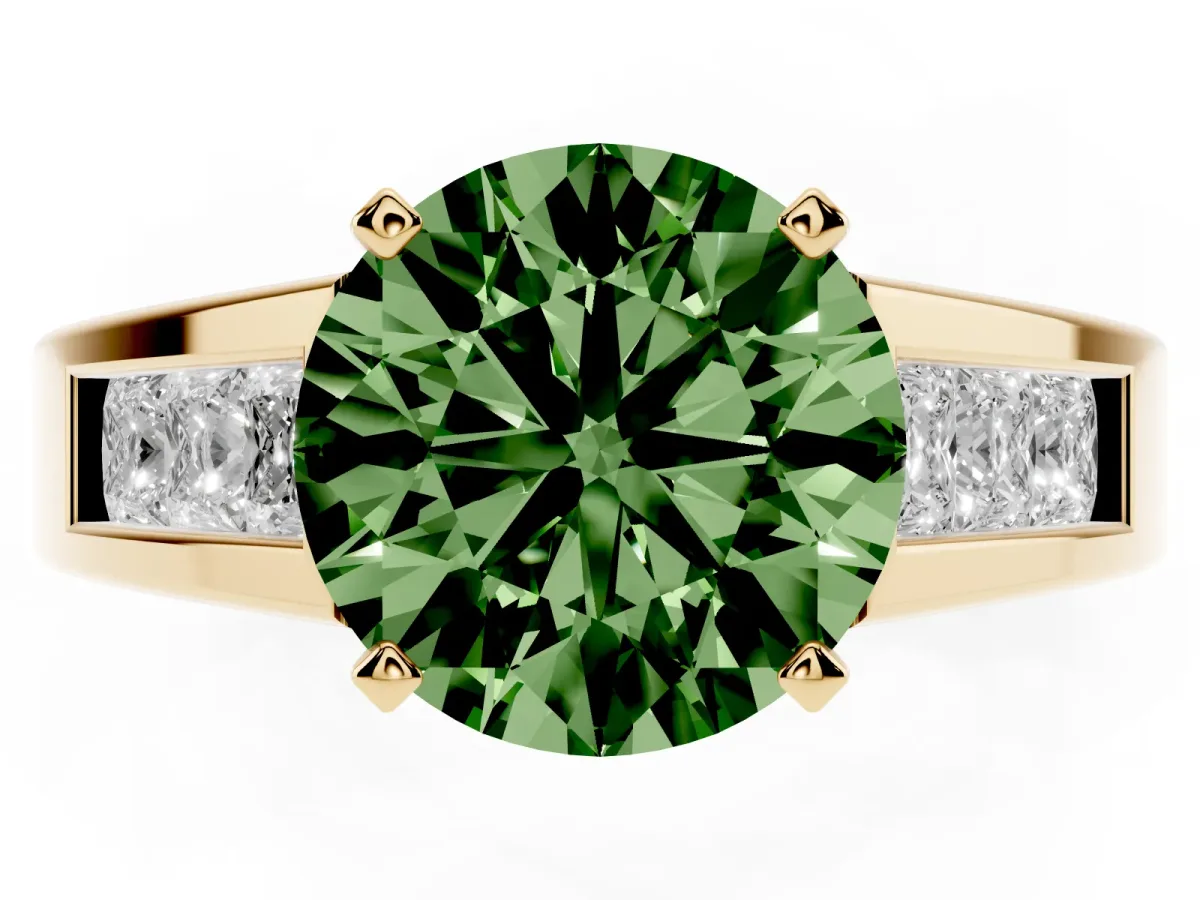 Fancy Green Round Cut Cut Channel Set Solitaire Ring with Four-Prong Setting Yellow gold
