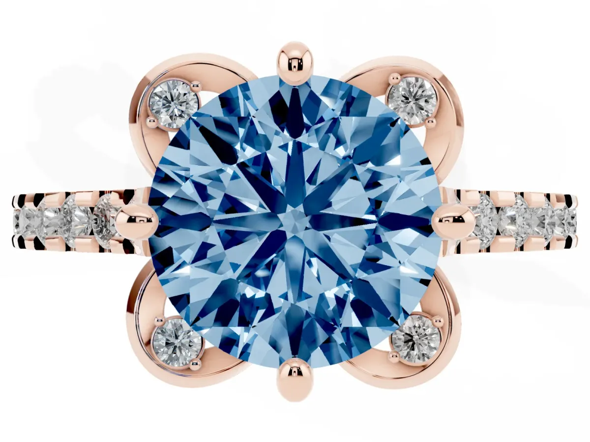 Fancy Blue Round Cut Diamond Ring with Pavé Band and Floral Prong Setting Rose gold