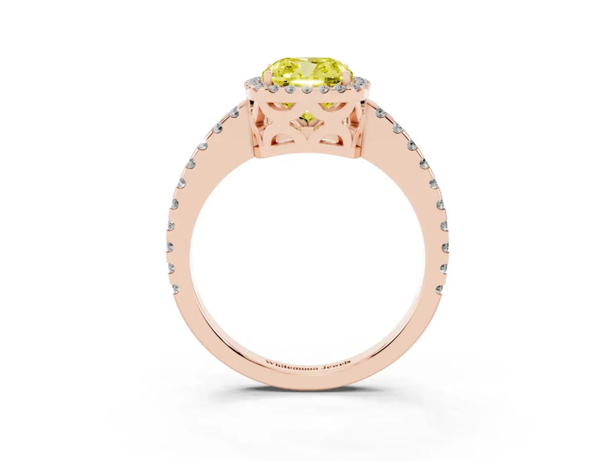 Fancy Yellow Cushion Cut Diamond Halo Engagement Ring with Pavé Band and Prong Setting Rose gold