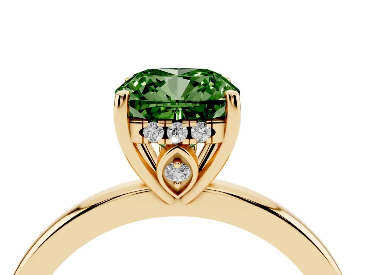 Fancy Green Cushion Cut Solitaire Diamond Ring with Prong Setting and Plain Band Yellow gold