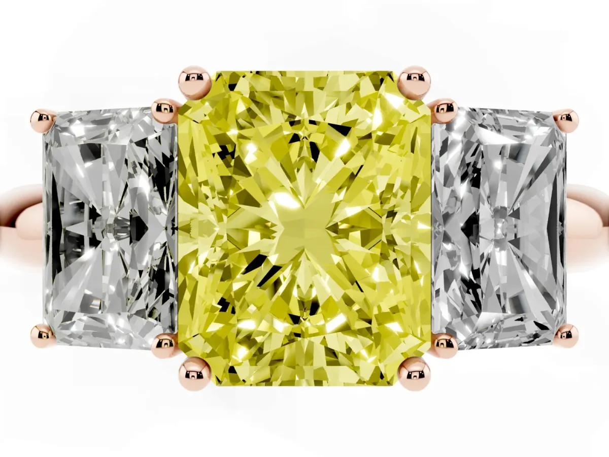 Fancy Yellow Three-Stone Radiant Cut Cut Diamond Engagement Ring with Prong Setting on a White Gold Band Rose gold