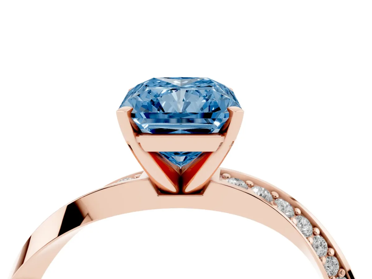 Fancy Blue Radiant Cut Diamond Engagement Ring with Side Stone Accents and Four-Prong Setting Rose gold