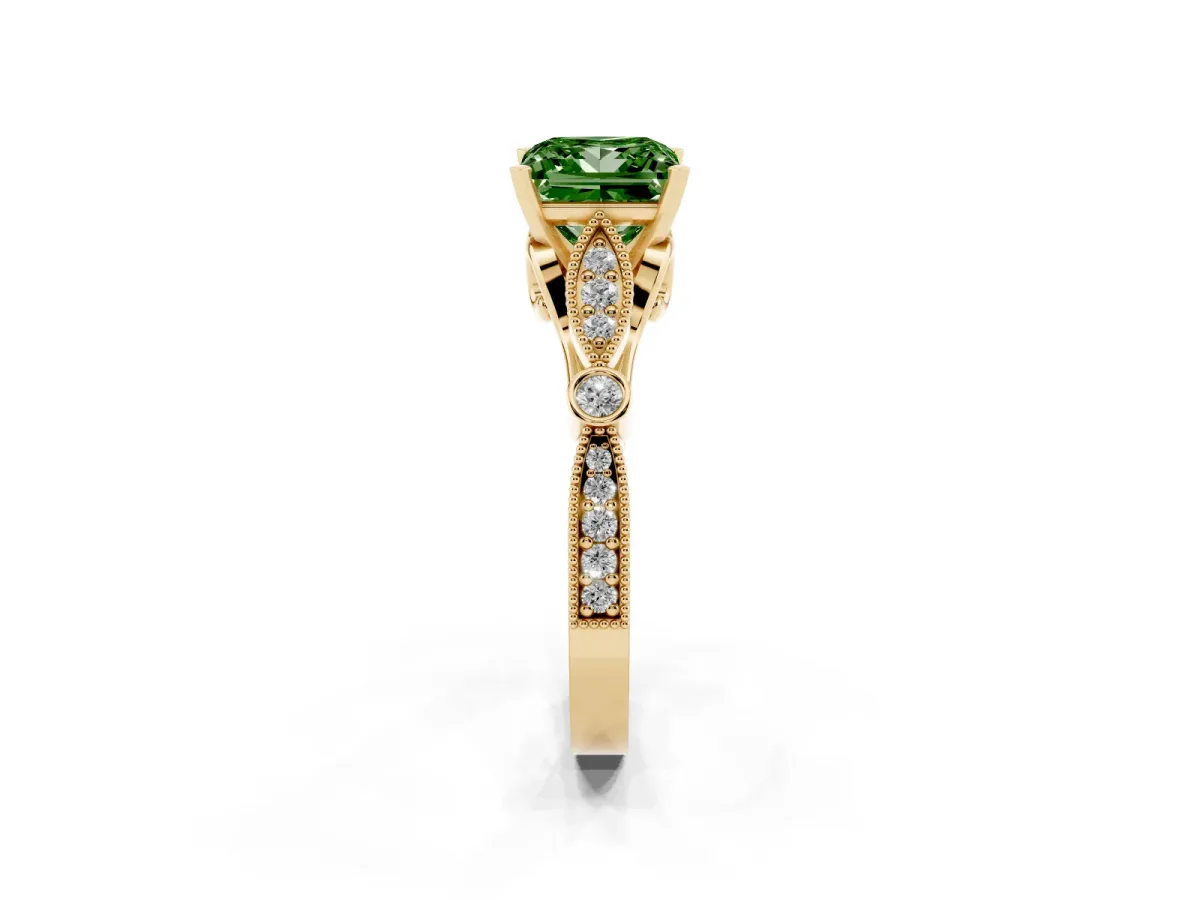 Fancy Green Princess Cut Cut Diamond with Milgrain Marquise and Bezel Accents on a Solitaire Band with Prong Setting Yellow gold