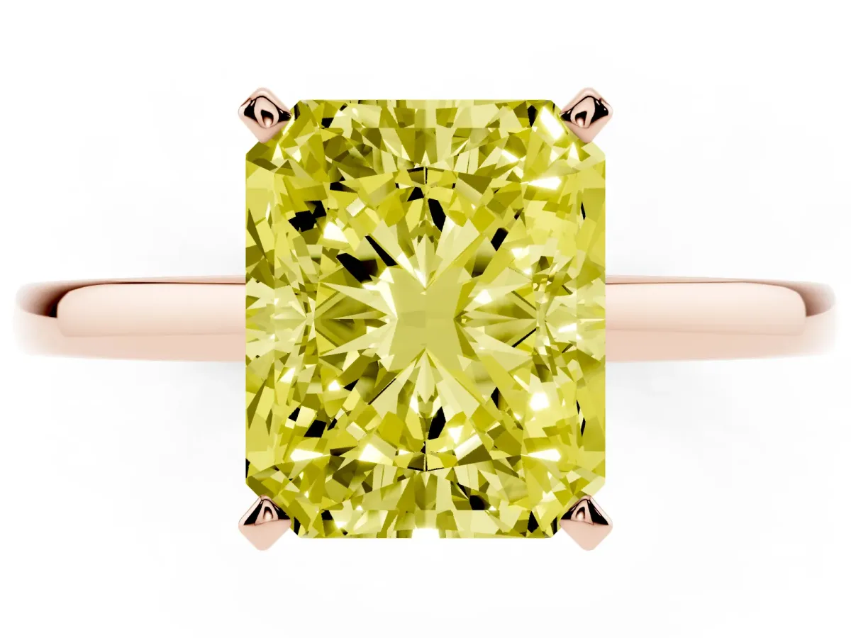 Fancy Yellow Radiant Cut Solitaire Diamond Engagement Ring with Four-Prong Setting on a Classic Band Rose gold