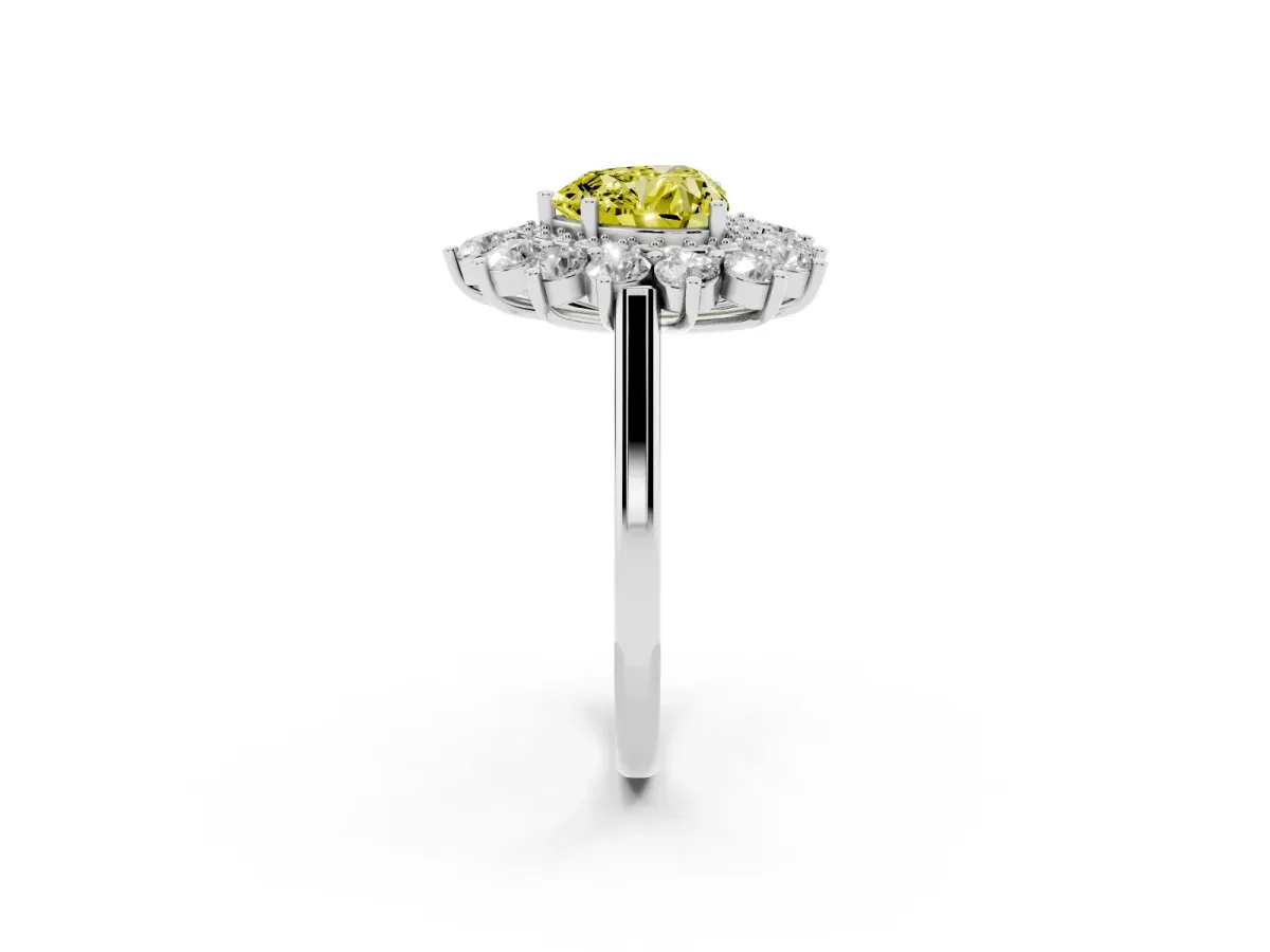 Fancy Yellow Heart Cut Diamond Floral Double Halo Engagement Ring with Prong Setting Silver