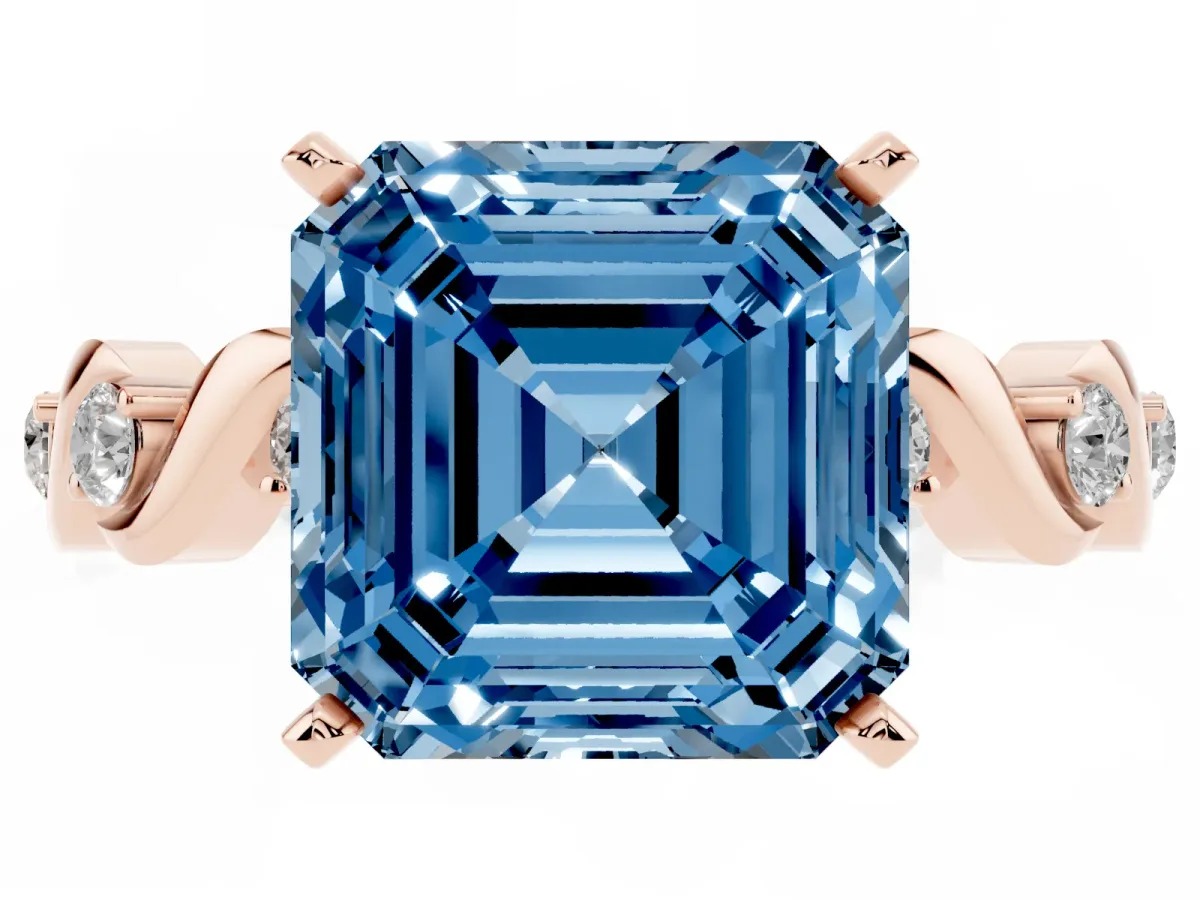 Fancy Blue Asscher Cut Diamond Solitaire Twisted Band with Round Accents and Prong Setting Rose gold