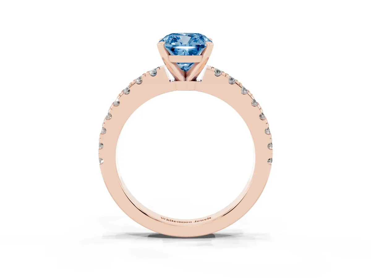 Fancy Blue Cushion Cut Solitaire Diamond with Pavé Band and Four-Prong Setting Rose gold
