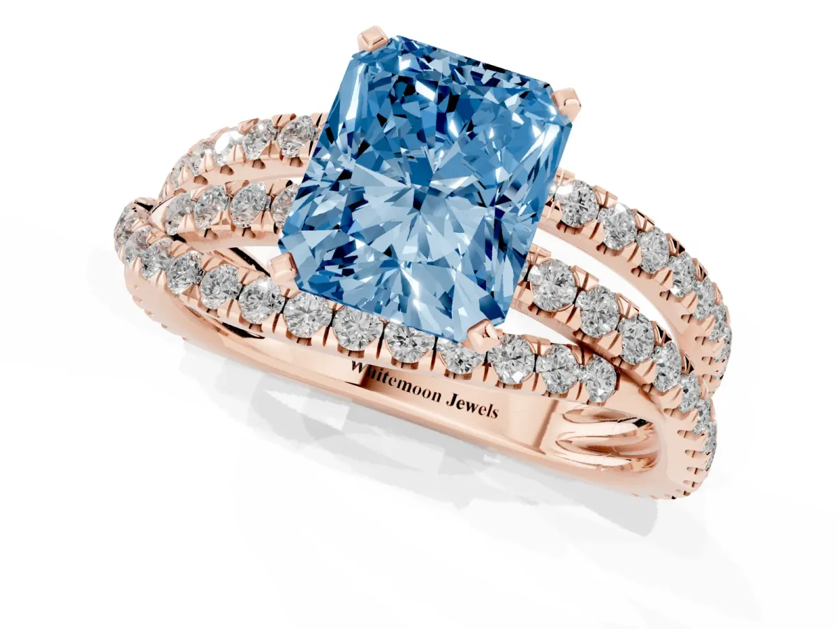 Fancy Blue Radiant Cut Solitaire Twist Band with Pavé Setting and Four-Prong Setting Rose gold