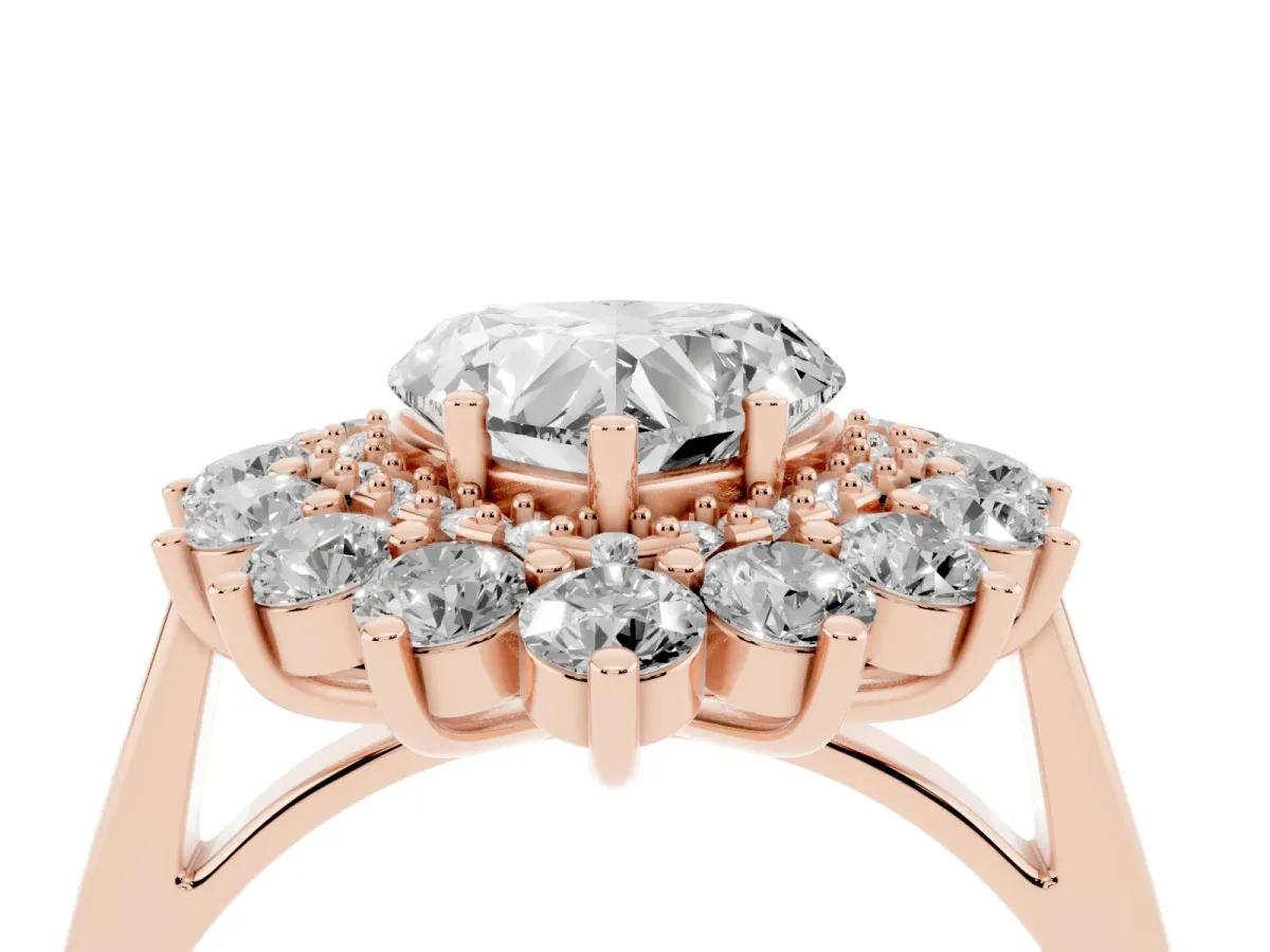 Heart Cut Diamond Floral Double Halo Engagement Ring with Prong Setting Rose gold