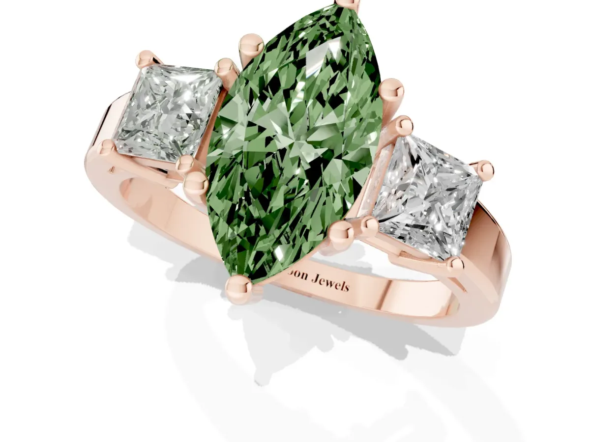Fancy Green Three-Stone Marquise Cut Cut Solitaire Ring with Prong Setting Rose gold
