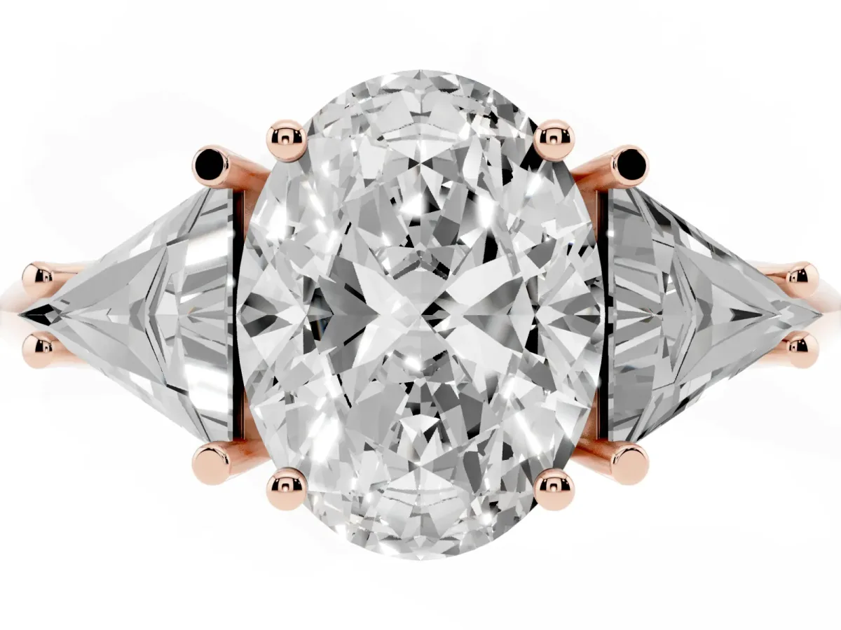 Three-Stone Oval Cut Diamond Engagement Ring with Trillion Side Stones and Prong Setting Rose gold