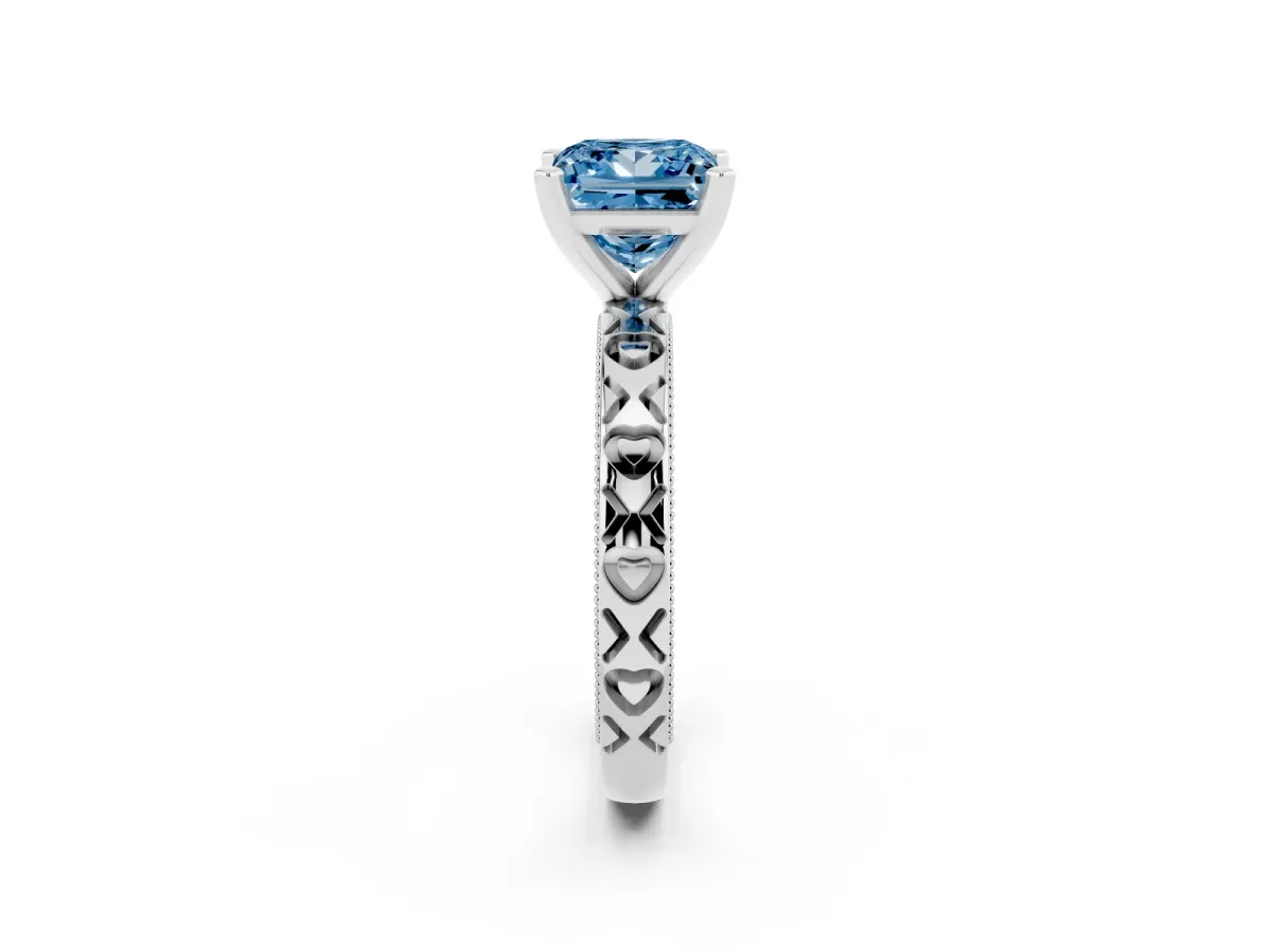 Fancy Blue Princess Cut Solitaire Diamond Engagement Ring with XO Engraved Band and Four-Prong Setting Silver