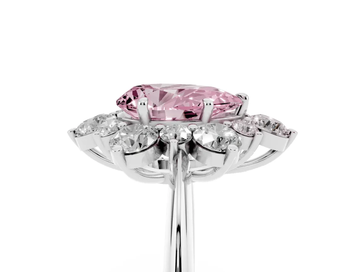 Fancy Pink Pear Cut Diamond Cluster Halo Ring with Solitaire Band and Four-Prong Setting Silver