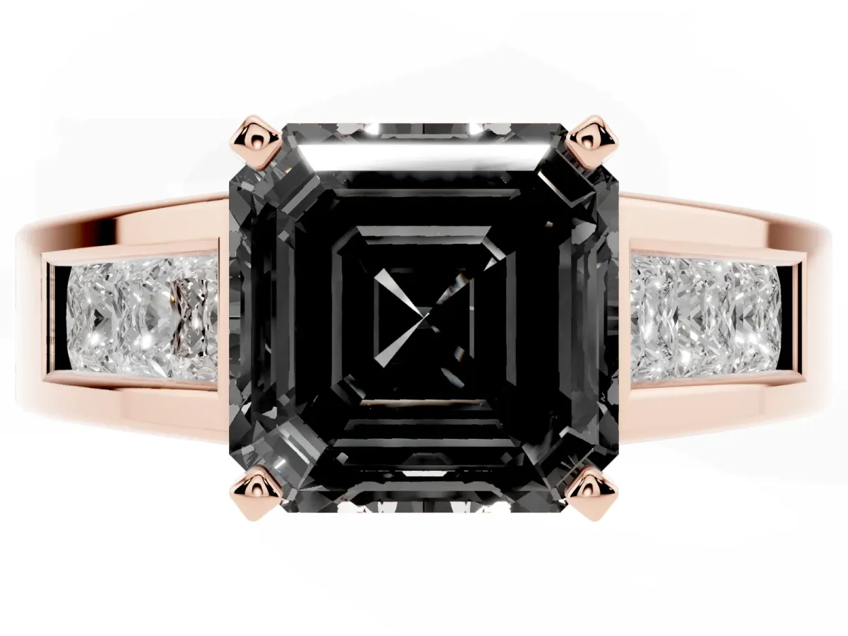 Fancy Black Asscher Cut Cut Channel Set Solitaire Ring with Four-Prong Setting Rose gold