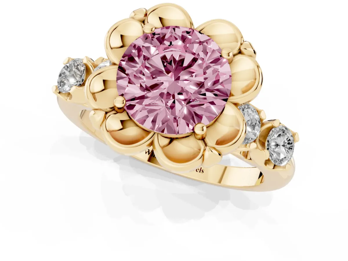 Fancy Pink Round Cut Cut Diamond Floral Halo Engagement Ring with Shared Prong Setting Yellow gold
