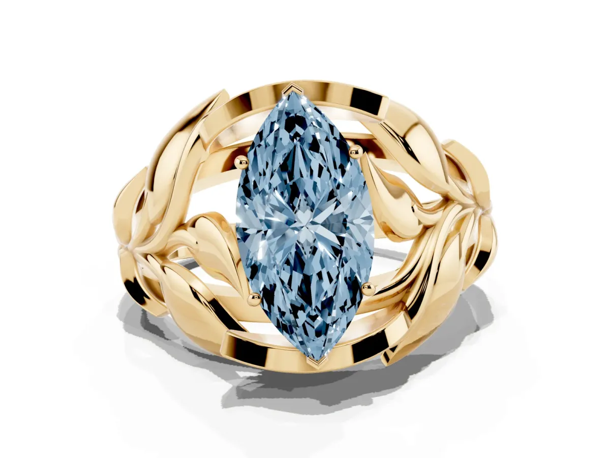 Fancy Blue Marquise Cut Diamond Leaf-Inspired Engagement Ring with Round Accents and Prong Setting Yellow gold