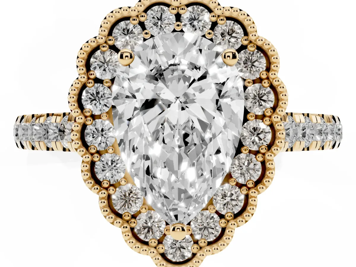 Pear Cut Cut Diamond Milgrain Floral Halo Engagement Ring with Pavé Band Yellow gold