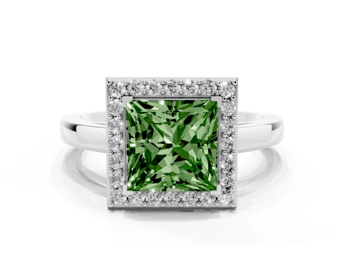 Fancy Green Princess Cut Halo Diamond Ring with Solitaire Band and Prong Setting Silver