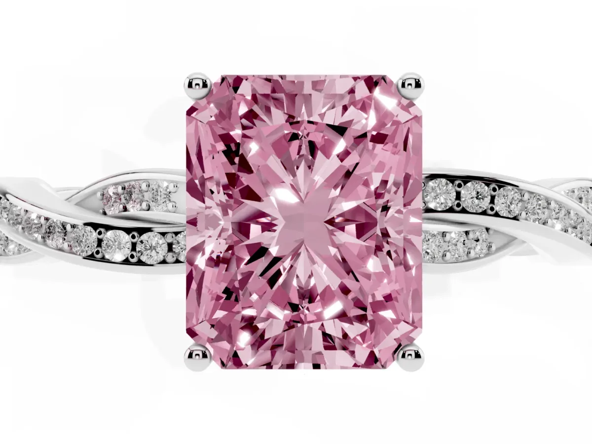 Fancy Pink Radiant Cut Solitaire Twisted Pave Diamond Ring with Four-Prong Setting Silver