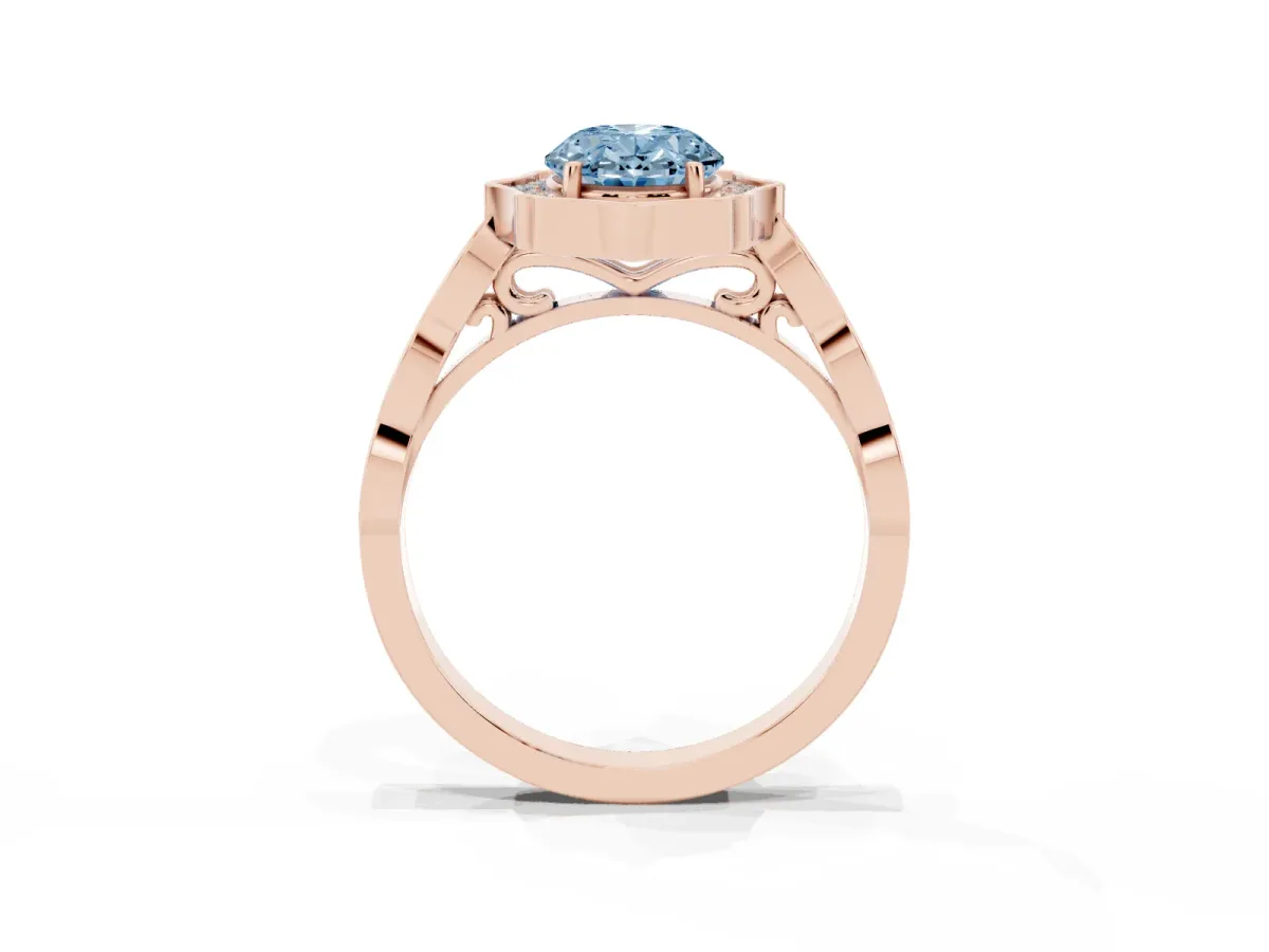 Fancy Blue Oval Cut Halo Diamond Engagement Ring with Milgrain Band and Four-Prong Setting Rose gold