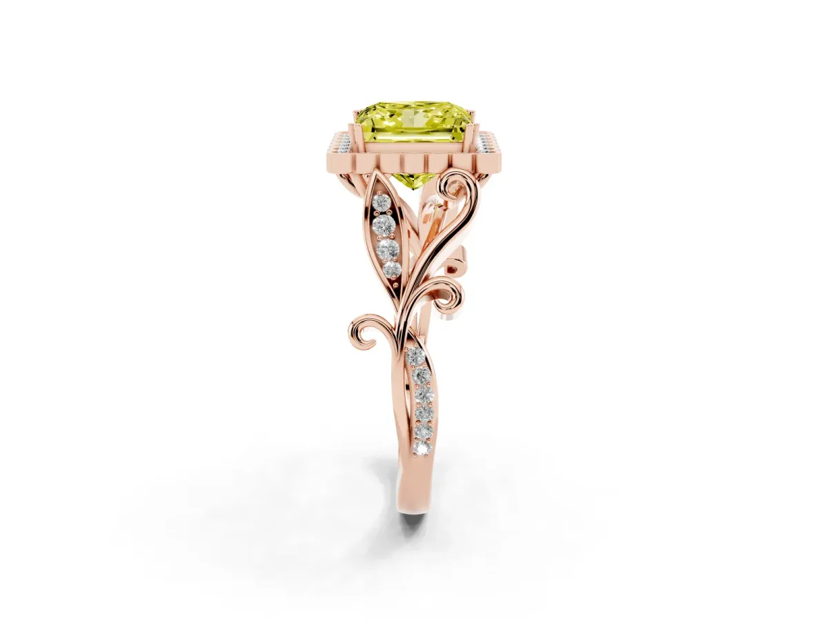 Fancy Yellow Princess Cut Diamond Halo Ring with Vintage Split Shank and Four-Prong Setting Rose gold