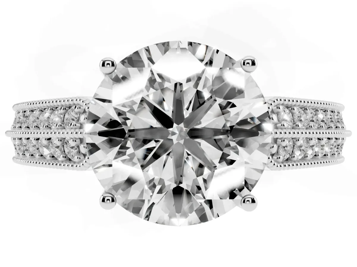 Round Cut Cut Pave Split Shank Engagement Ring with Four-Prong Setting Platinum