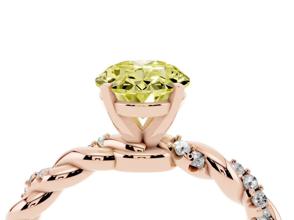 Fancy Yellow Oval Cut Diamond Solitaire Ring with Twisted Band and Pavé Accents Rose gold