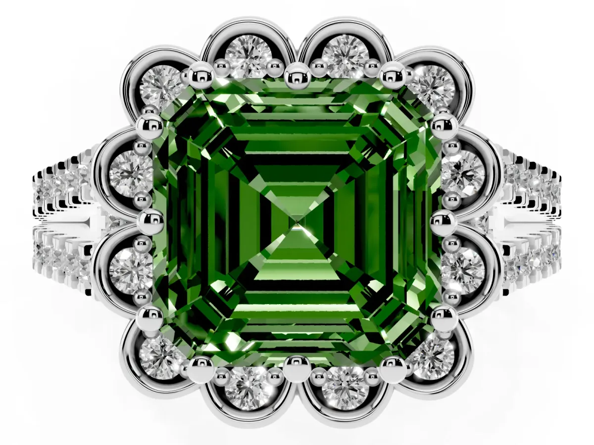 Fancy Green Asscher Cut Halo Diamond Floral Split Shank Engagement Ring Silver