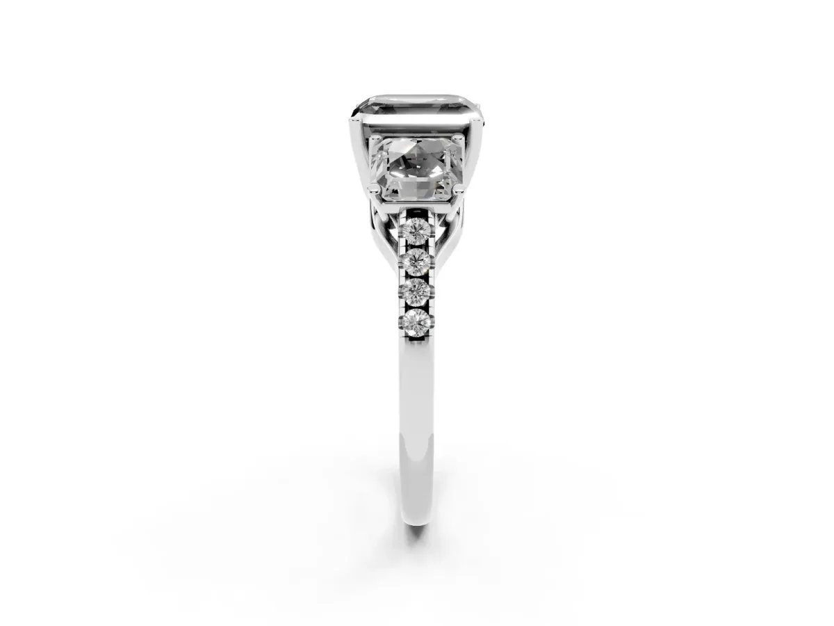 Fancy Black Three-Stone Asscher Cut Diamond Ring with Round Pavé Band and Prong Setting Silver