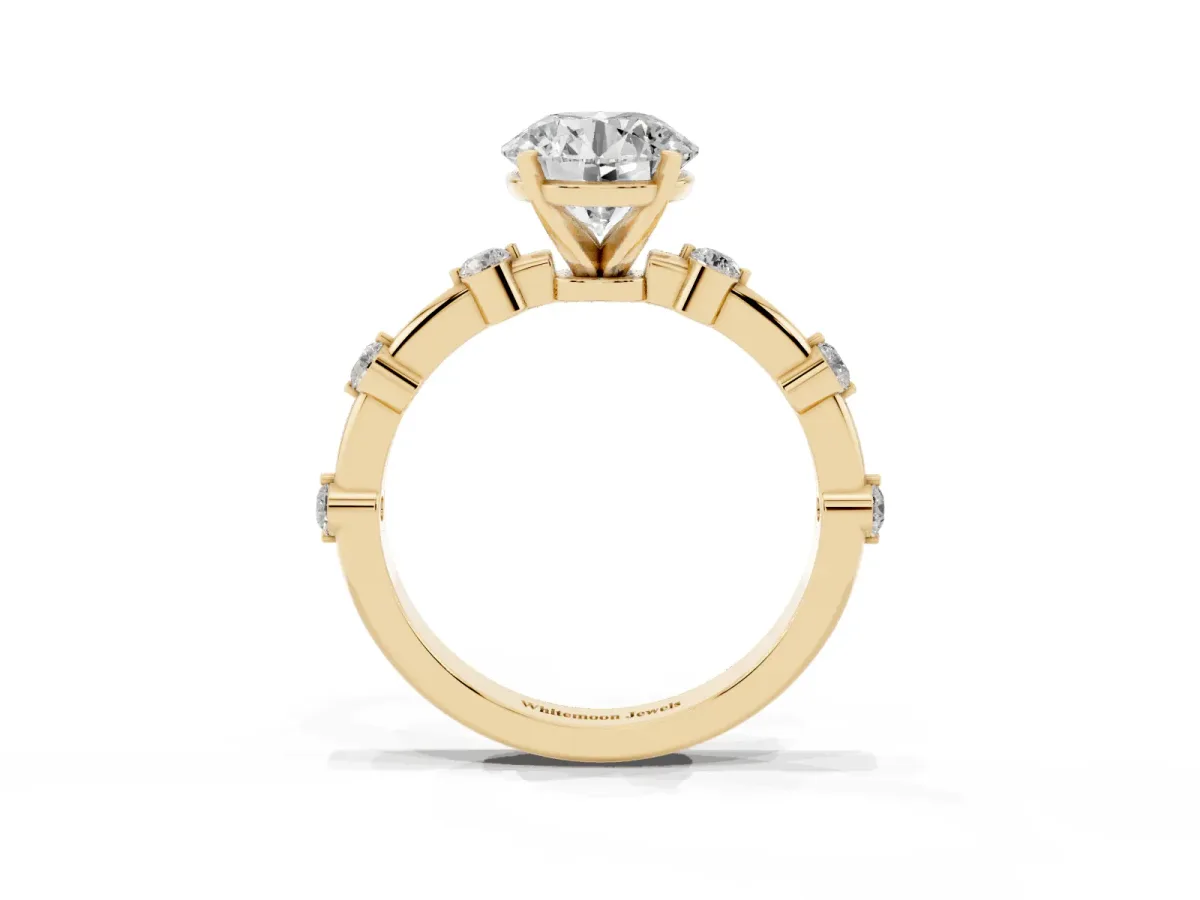 Round Cut Solitaire Diamond Ring with Bezel Set Side Stones and Prong Setting Yellow gold