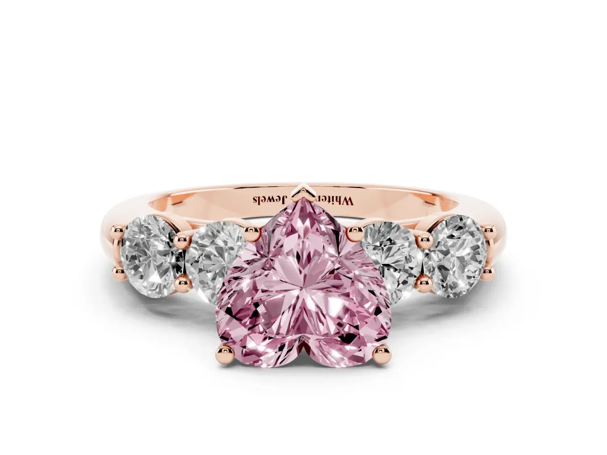 Fancy Pink Heart Cut Cut Five-Stone Prong Set Diamond Ring with Classic Band Rose gold