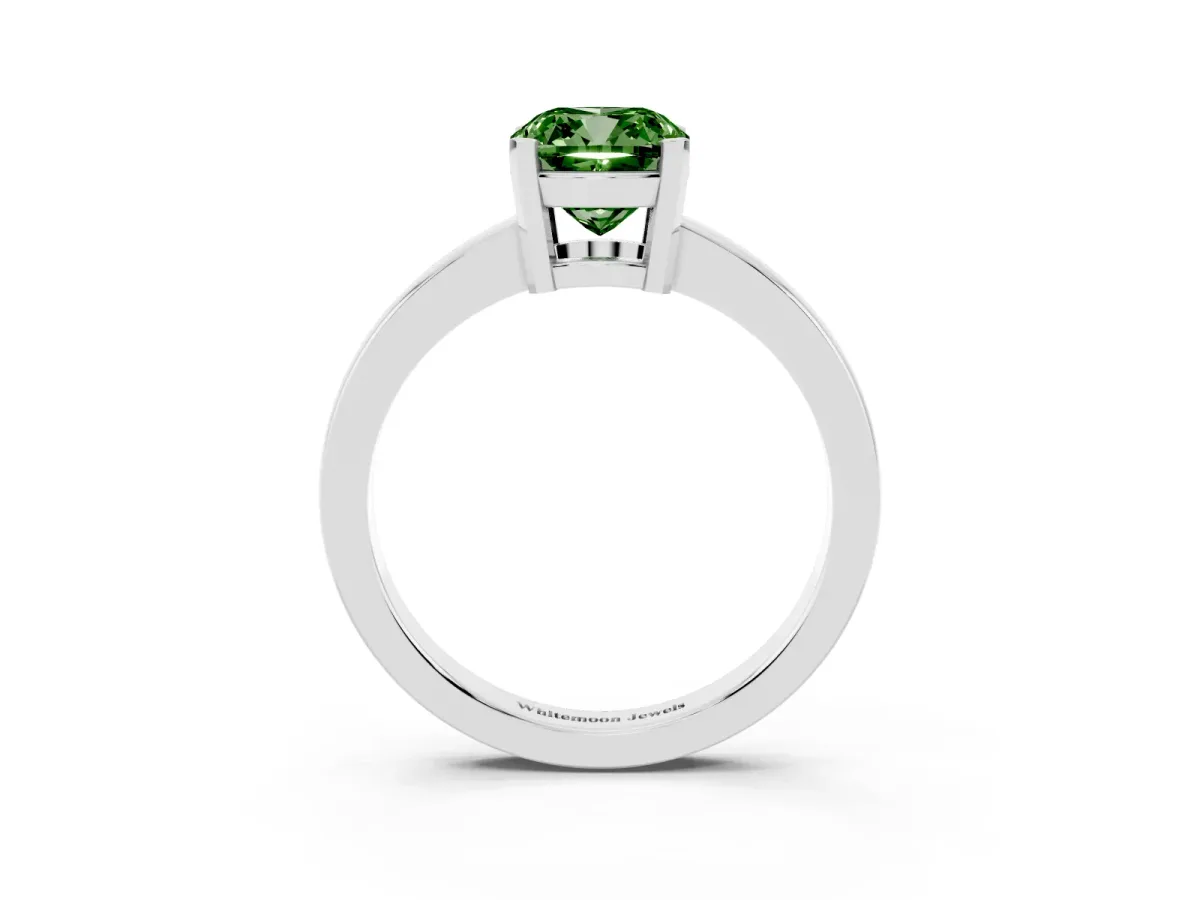 Fancy Green Cushion Cut Cut Solitaire Ring with Four-Prong Setting and Classic Band Silver