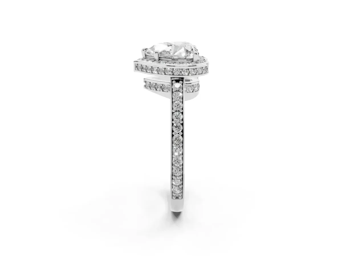 Heart Cut Halo Pave Band Solitaire Ring with Prong Setting Silver