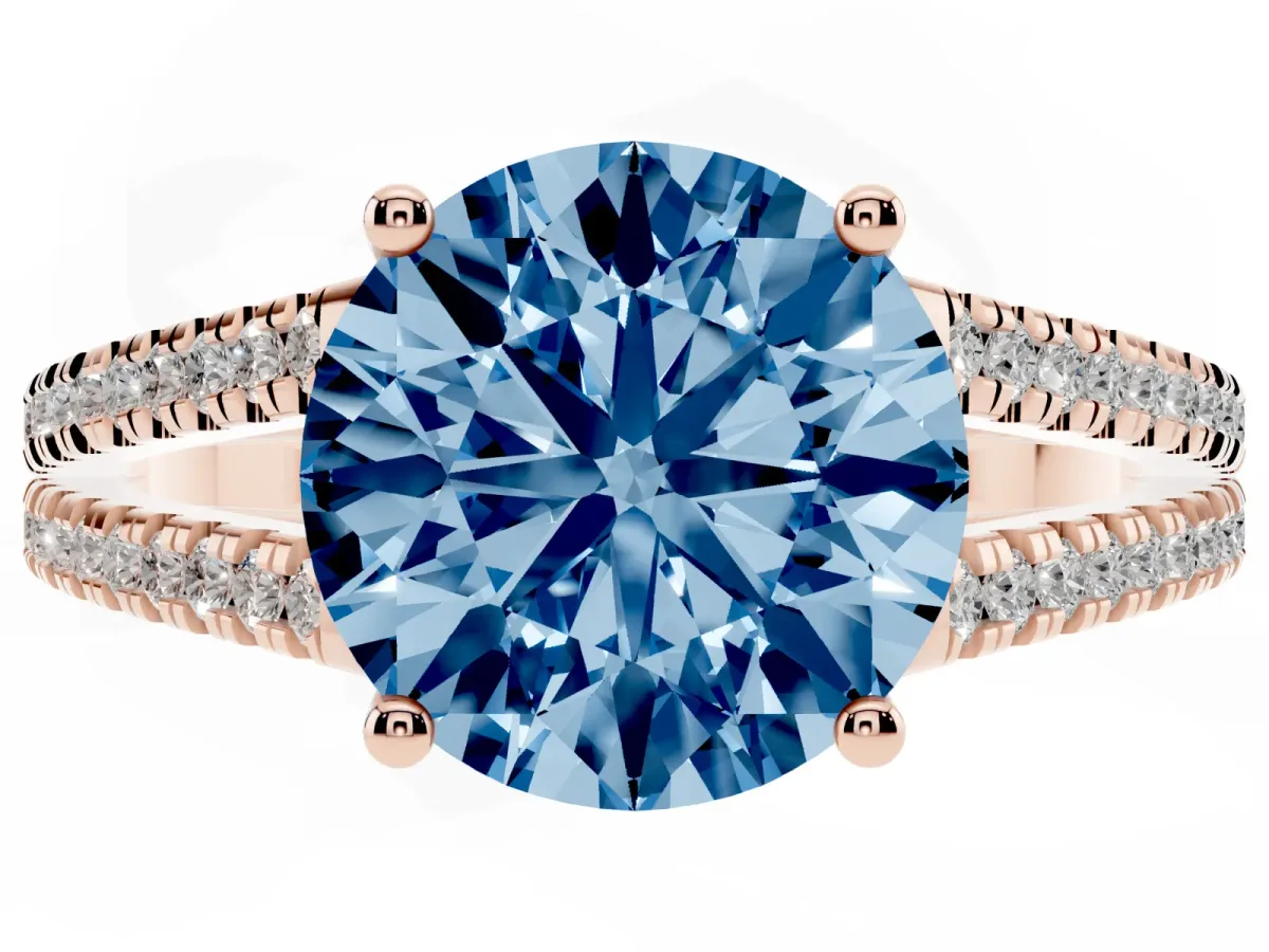 Fancy Blue Round Cut Diamond Solitaire Engagement Ring with Split Shank Pavé Band Rose gold