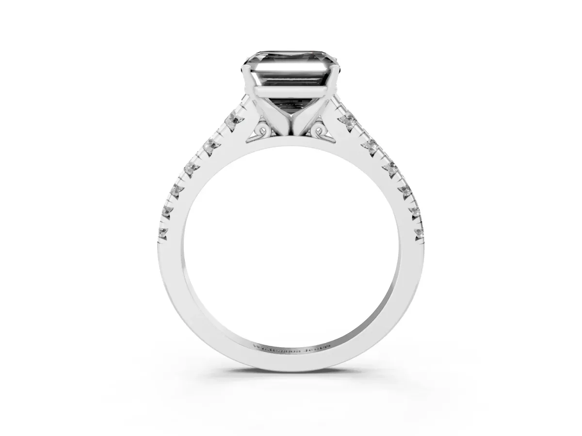 Fancy Black Asscher Cut Diamond Cathedral Solitaire Ring with Round Pavé Band Silver