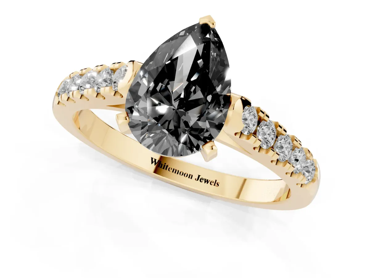 Fancy Black Pear Cut Diamond Pavé Band Solitaire Ring with Prong Setting Yellow gold