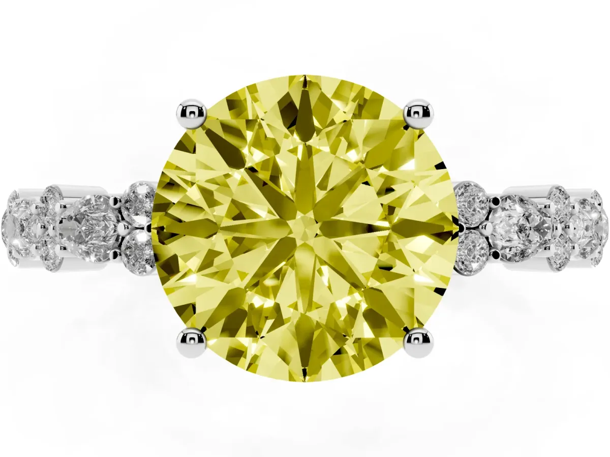 Fancy Yellow Round Cut Diamond Side Stone Solitaire Ring with Round and Four-Prong Setting Silver