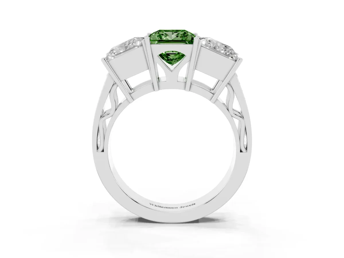 Fancy Green Princess Cut Diamond Three-Stone Ring with Prong Setting and Textured Band Silver